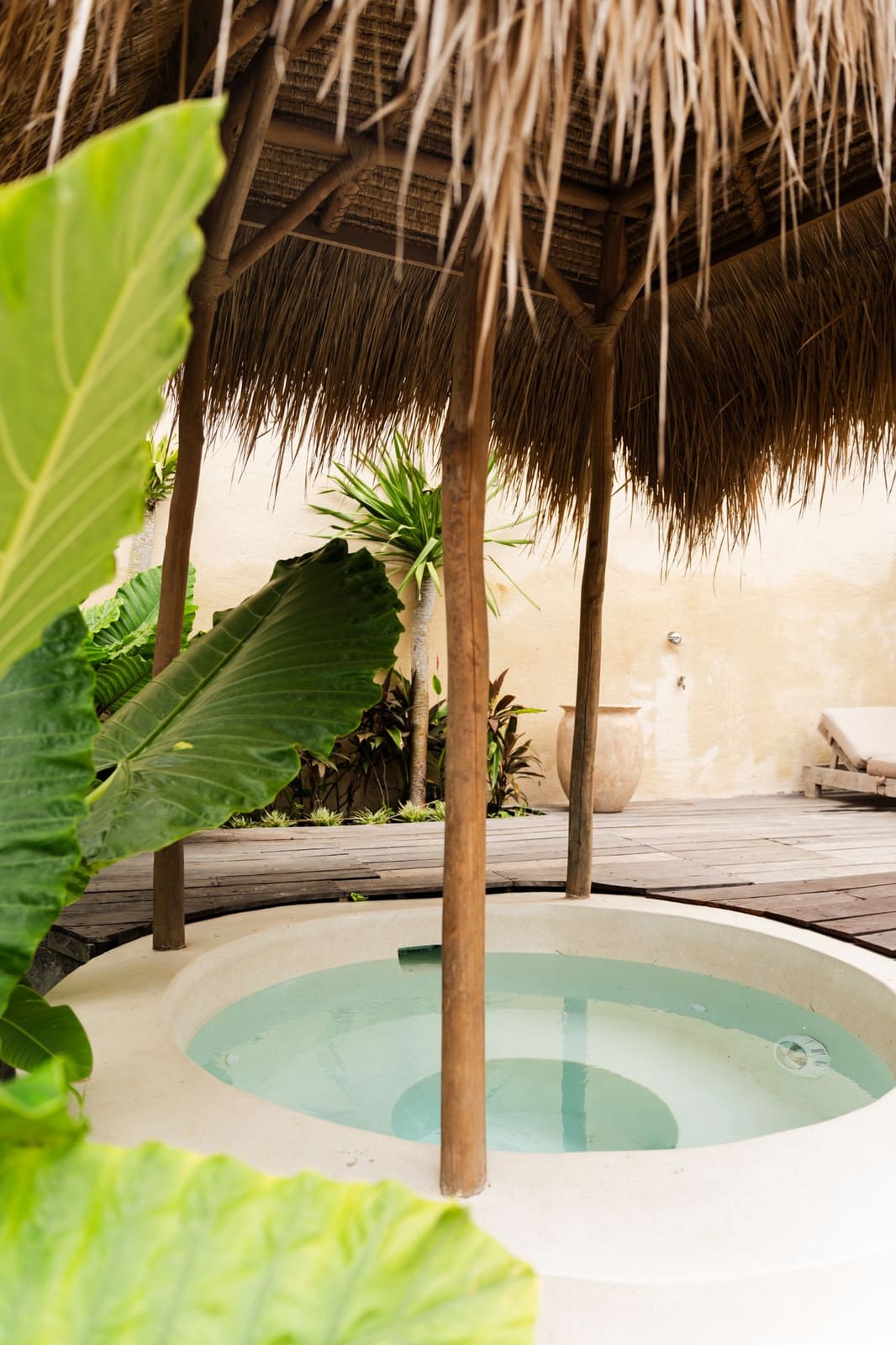 The round ice bath under its thatched roof, ringed by palms and a timber deck.
